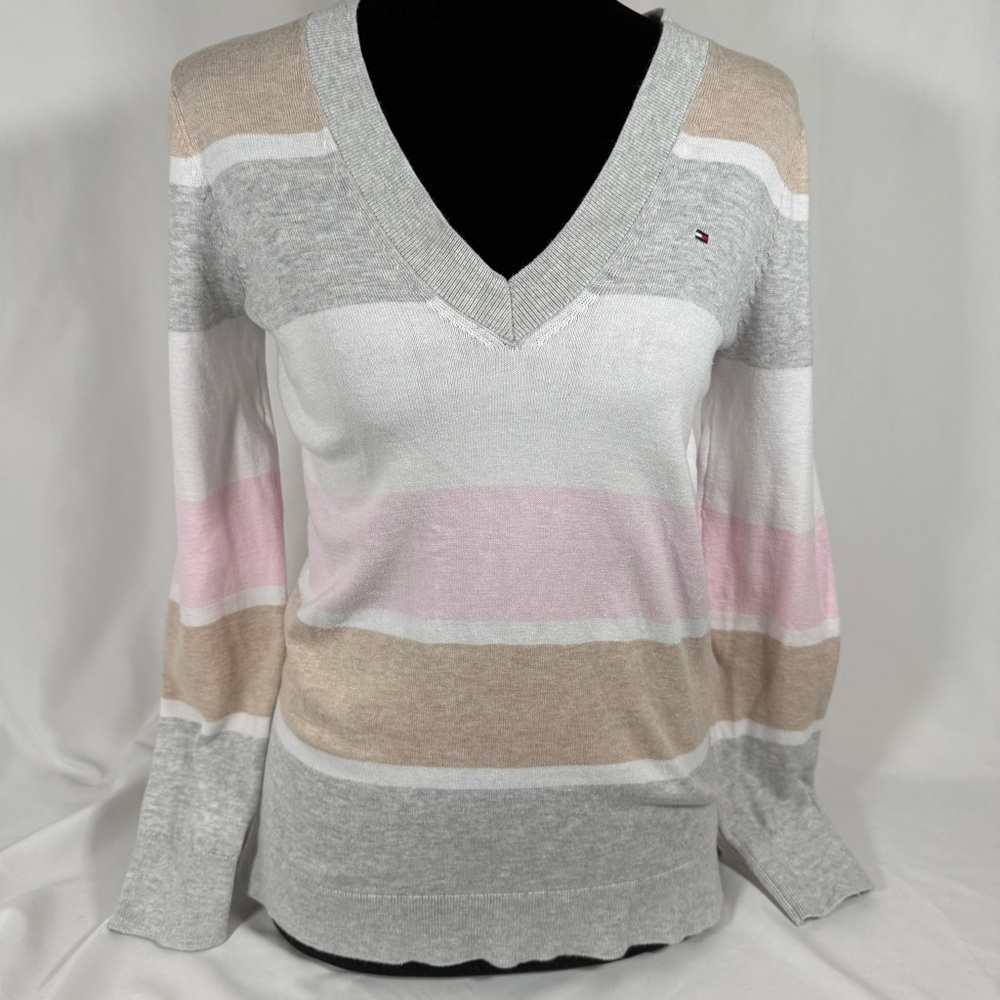 Tommy Hilfiger Women's V-Neck Striped Sweater in Gray, Pink & Cream